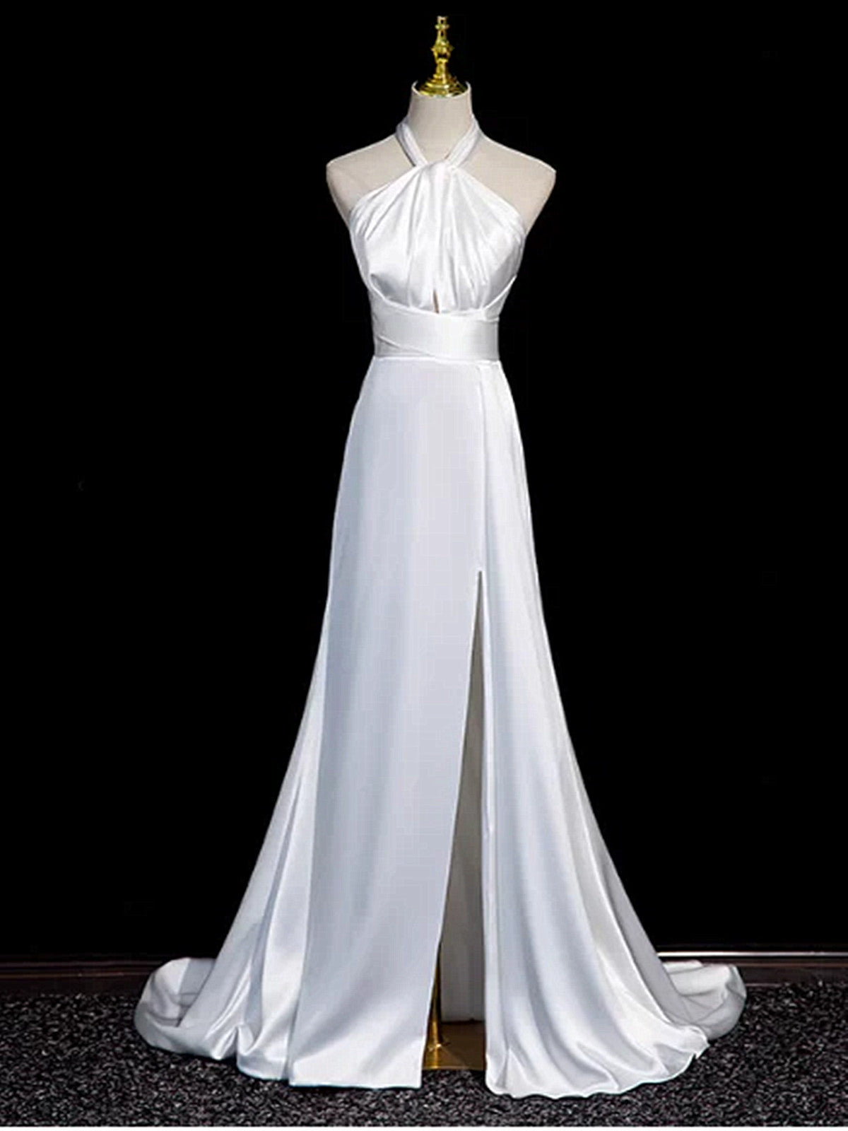 White Satin Halter Mermaid Long Party Dress with Leg Slit, White Satin Long Prom Dress