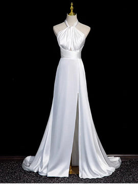 White Satin Halter Mermaid Long Party Dress with Leg Slit, White Satin Long Prom Dress