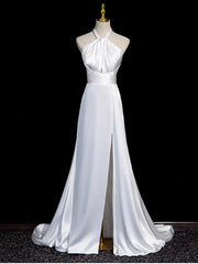 White Satin Halter Mermaid Long Party Dress with Leg Slit, White Satin Long Prom Dress
