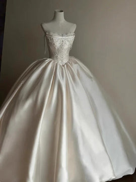 Ivory Satin with Lace Applique Strapless Weeeing Party Dress, Ivory Long Wedding Dress
