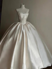 Ivory Satin with Lace Applique Strapless Weeeing Party Dress, Ivory Long Wedding Dress