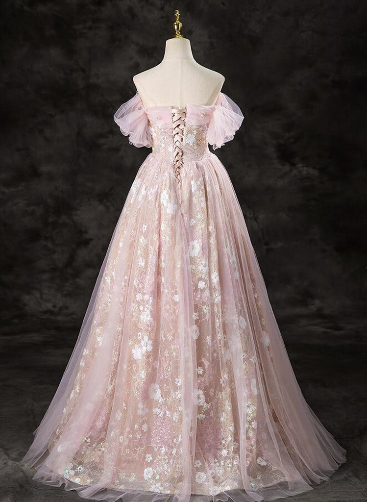 Pink Tulle Floor Length Beaded Long Party Dress, Off Shoulder Pink Prom Dress