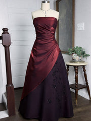 Elegant Strapless Ruched Long Prom Dress,  Ruched Satin Party Dress with Asymmetric  Beaded Floral Embroidery