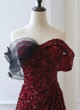 Wine Red Sequins Off Shoulder Long Party Dress, A-line Sequins Prom Dress