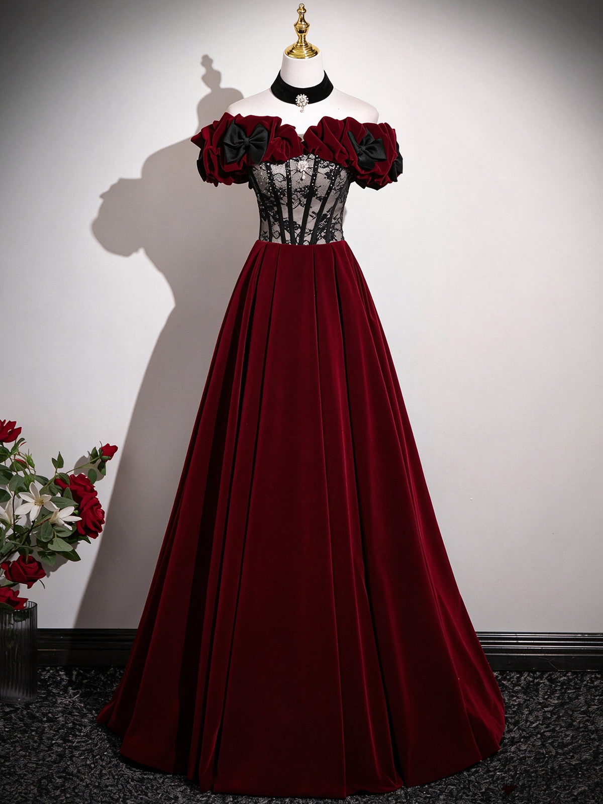 A-line Black and Red Velvet Off Shoulder Prom Dress, Long Party Dress Evening Dress