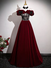 A-line Black and Red Velvet Off Shoulder Prom Dress, Long Party Dress Evening Dress