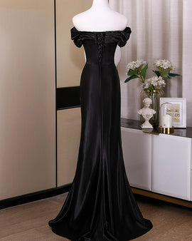 Black Satin Mermaid Long Evening Dress Party Dress, Black Satin Off Shoulder Prom Dress