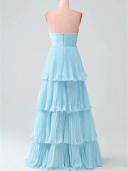 Light Blue Chiffon Strapless Layers Prom Dress, Light Blue Chiffon Long Party Dress