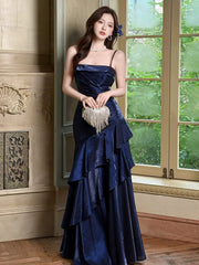 Navy Blue Mermaid Straps Evening Dress Party Dress, Navy Blue Floor Length Prom Dress