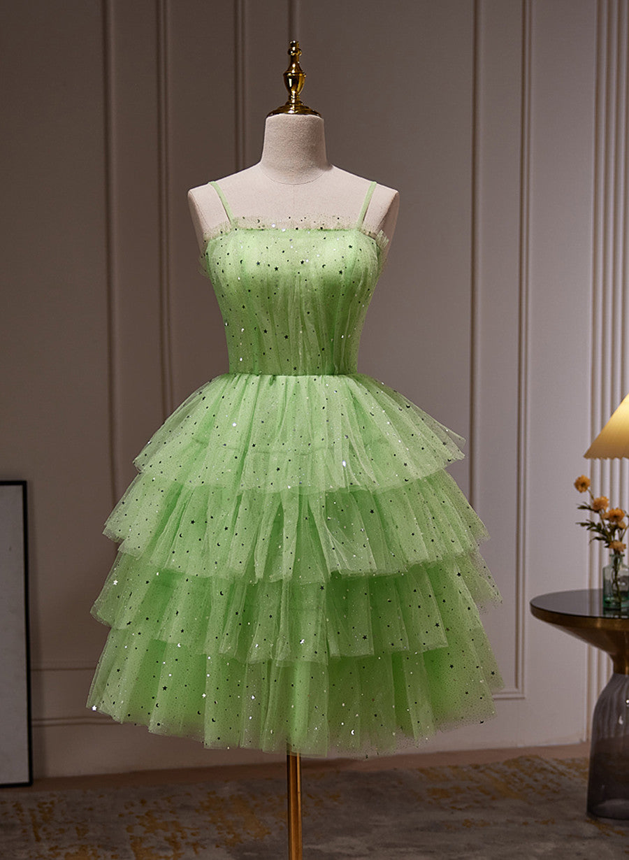 Light Green Tulle Straps Short Party Dress, Light Green Homecoming Dress Formal Dress