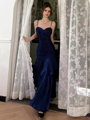 Chic Navy Blue Satin Straps Sweetheart Mermaid Prom Dress, Navy Blue Long Party Dress