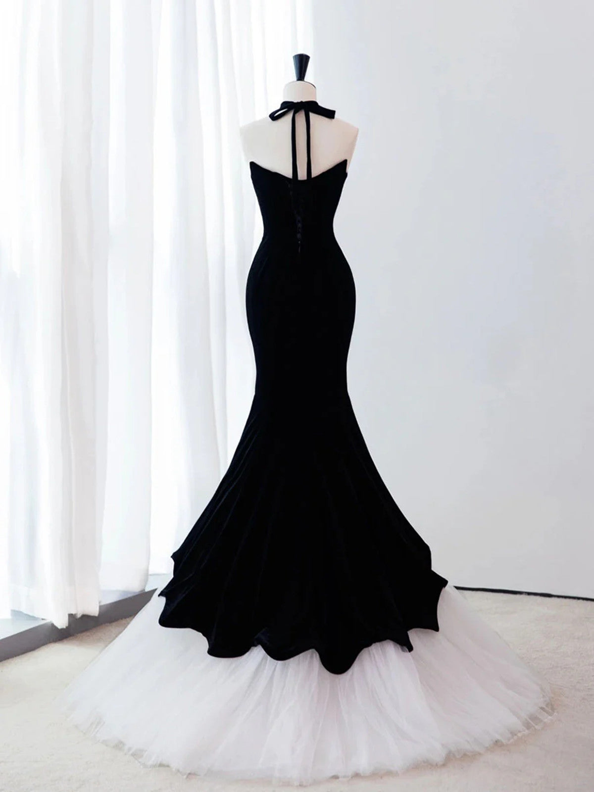 Black Velvet and White Tulle Mermaid Strapless Party Dress, Black Formal Dress Evening Dress