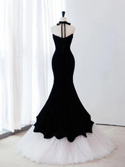 Black Velvet and White Tulle Mermaid Strapless Party Dress, Black Formal Dress Evening Dress
