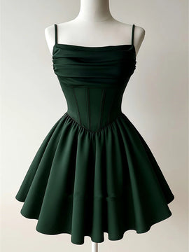 Green Straps Knee Length Homecoming Dress, Short Square Party Dress Formal Dress