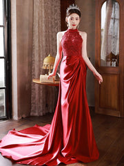 Wine Red Lace and Satin Halter Mermaid Long Party Dress, Wine Red Prom Dress