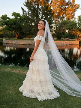 Ivory Lace Off Shoulder Sweetheart Strapless Wedding Party Dress, A-line Ruffled Formal Gowns