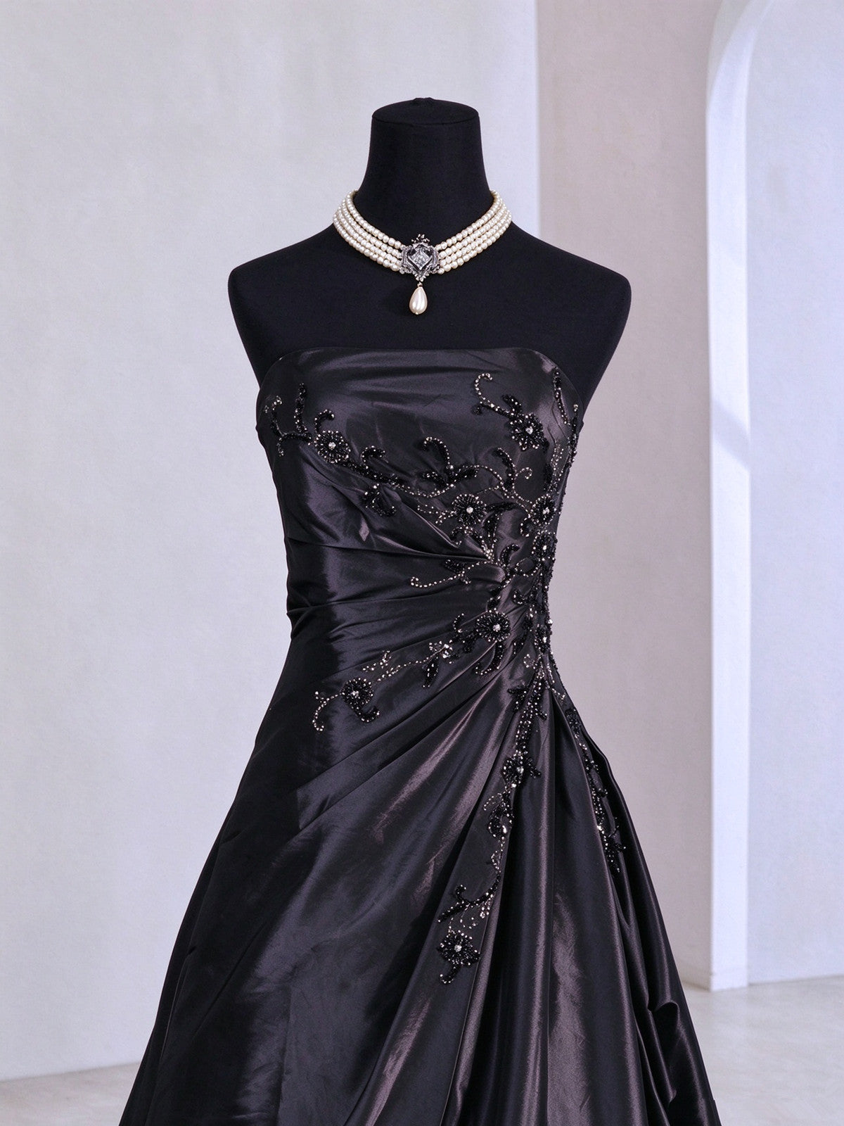 Black Strapless Beaded A-line Lace-up Long Prom Dress, Black Taffeta Evening Dress