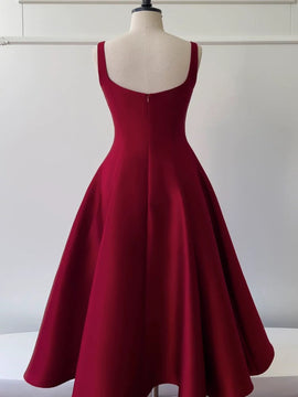Wine Red Tea Length Straps Short Party Dress, Wine Red Scoop Homecoming Dress