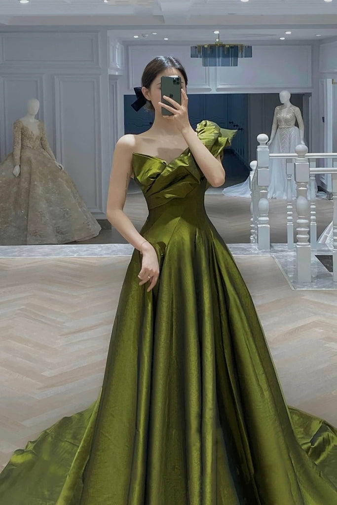 Dark Green One Shoulder Satin Floor Length Party Dress, Dark Green Pro