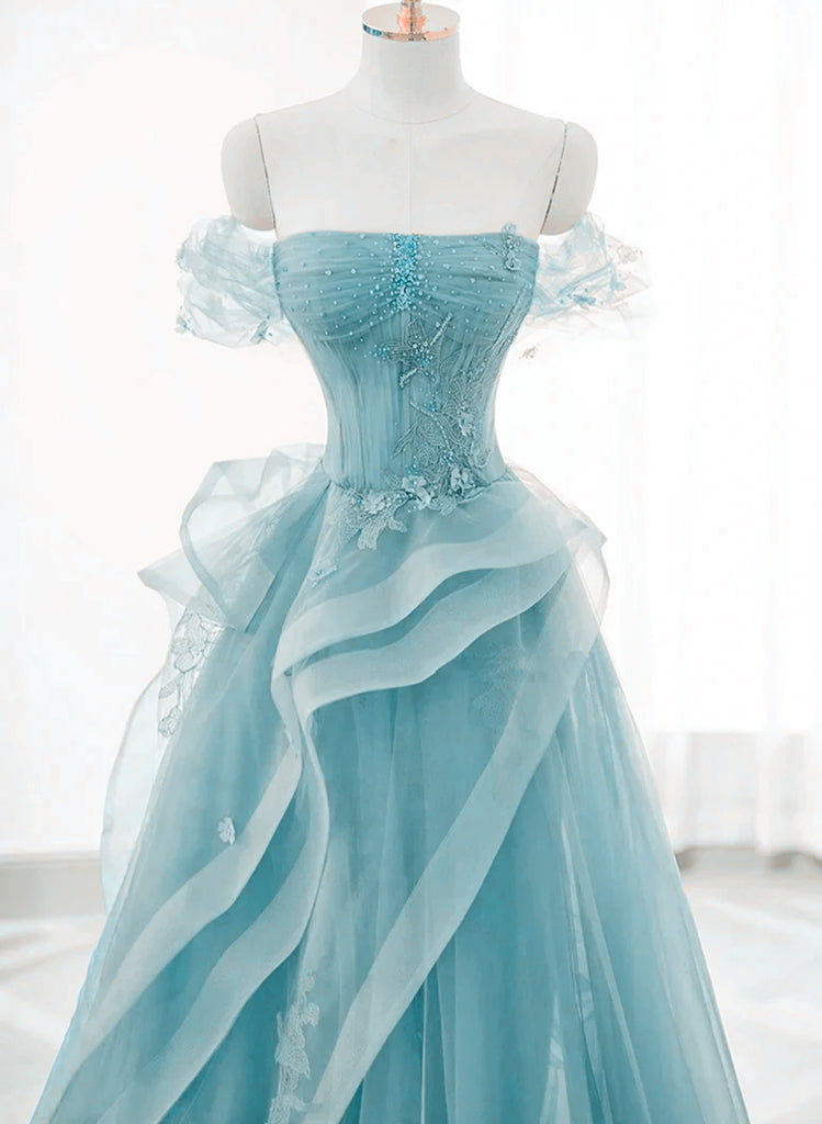 Dusty Blue Tulle Beaded Off-the-Shoulder Long Prom Dresses, Formal Dress C2425