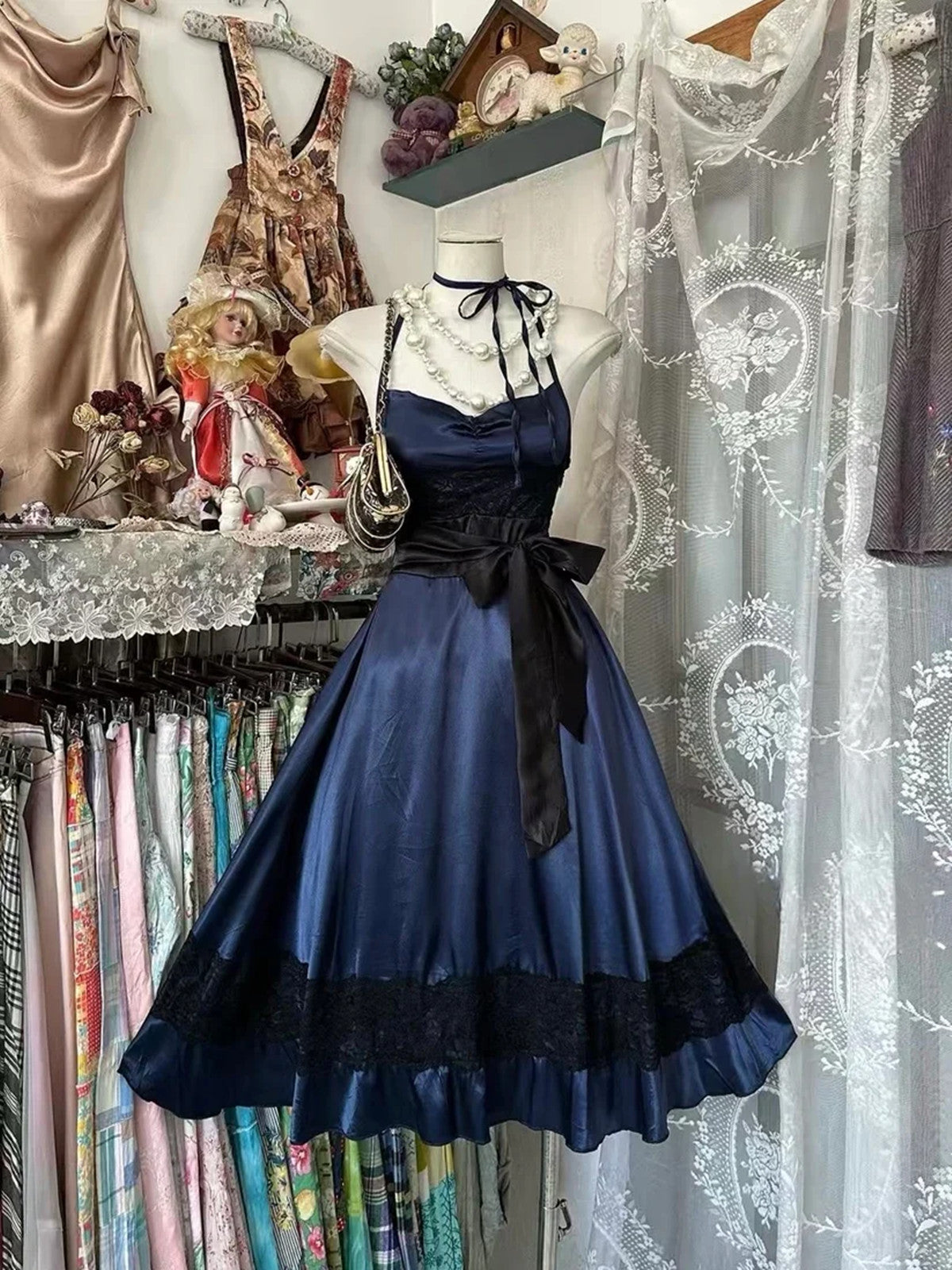 Gothic Navy Blue Satin Straps Homecoming Dress, Blue Short Prom Dress with Lace 