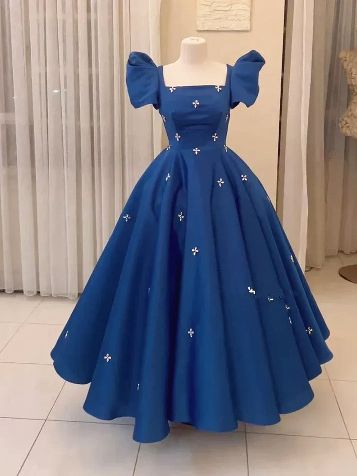 Blue Satin Beaded Short Sleeves Long Wedding Party Dress, Blue Satin Long Party Dress