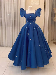 Blue Satin Beaded Short Sleeves Long Wedding Party Dress, Blue Satin Long Party Dress