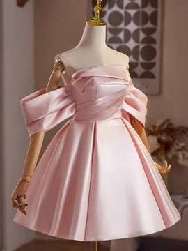 Cute Pink Satin Short Sleeves Homecoming Dress, Pink Satin Short Prom Dress