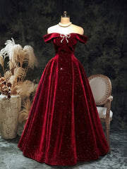 A-line Wine Red Velvet Off Shoulder Long Formal Dress, Simple Wine Red Party Dress with Bow
