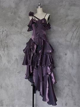 Purple High Low Straps Satin Long Party Dress, Purple Satin Homecoming Dress