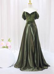 Green A-line Velvet Soft Satin Long Prom Dress, Green A-line Prom Dress