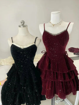 Cute Velvet Straps Knee Length Homecoming Dress, Velvet Short Prom Dress Formal Dress