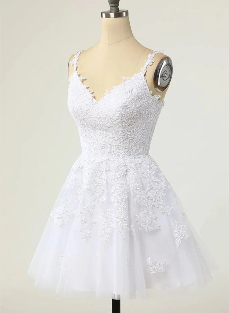 Cute V-neckline White Tulle with Lace Graduation Dress, White Short Pa