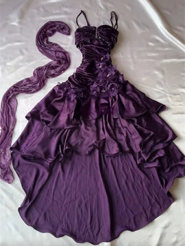 Dark Purple High-Low Ruffle Straps Prom Dress, Purple Satin Ruched Homecoming Dress Party Dress
