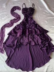 Dark Purple High-Low Ruffle Straps Prom Dress, Purple Satin Ruched Homecoming Dress Party Dress