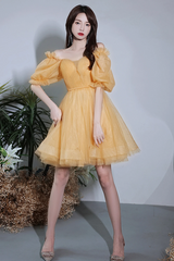 Lovely Yellow Tulle Short Party Dresss, Yellow Short Homecoming Dress Formal Dress