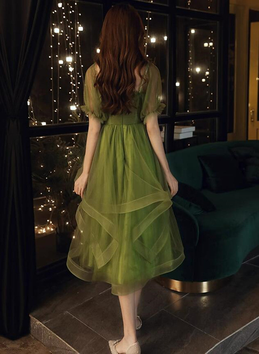 Green Short Sleeves Tulle Tea Length Wedding Party Dress, Green Prom Dress