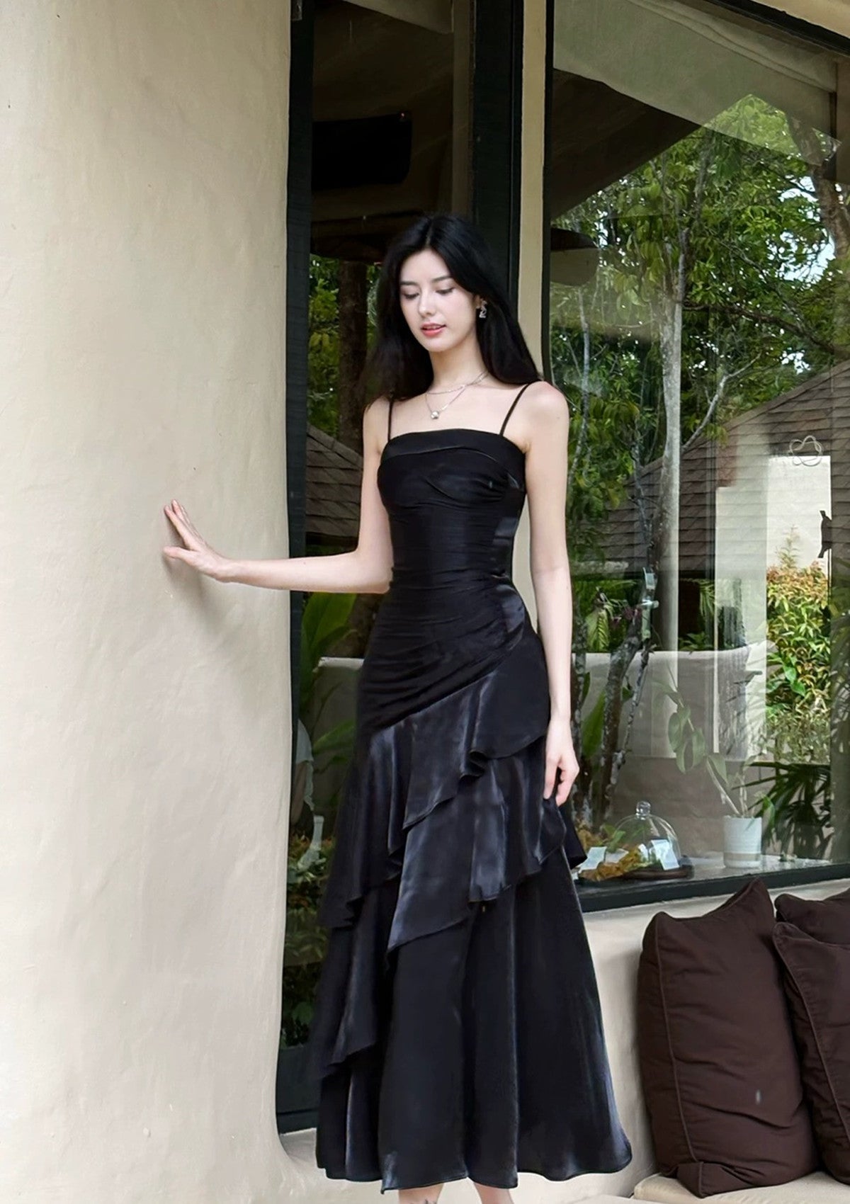 Black Satin Mermaid Straps Long Formal Dress, Black Cute Prom Dress Evening Dress