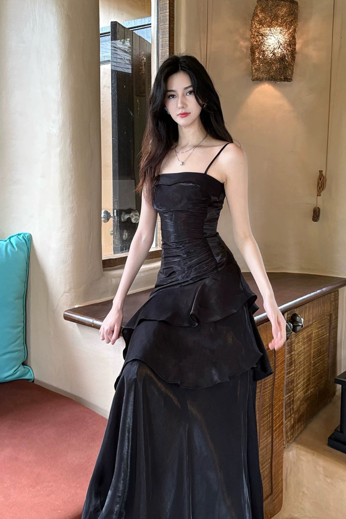 Black Satin Mermaid Straps Long Formal Dress, Black Cute Prom Dress Evening Dress