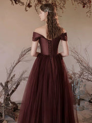 Brown Satin and Tulle Off Shoulder Long Formal Dress, A-line Simple Evening Dress Prom Dress