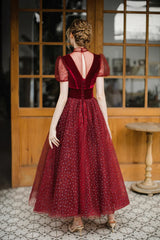 Wine Red Velvet and Tulle Tea Length Homecoming Dress, Wine Red Wedding Party Dress