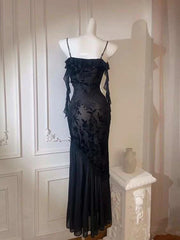 Black Lace Mermaid Straps Long Party Dress, Black Lace Evening Dress Prom Dress