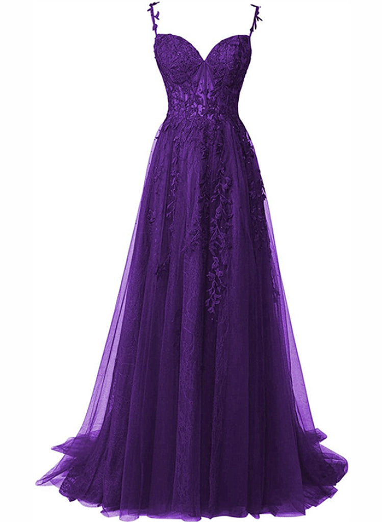 Purple A-line Tulle Off Shoulder Long Prom Dress with Lace, Purple Eve ...