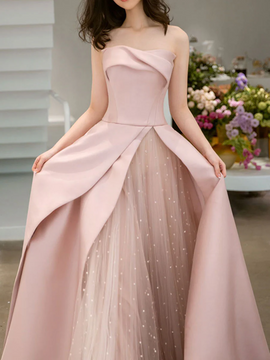 Pink Tulle and Satin A-line Prom Dress Party Dress, Pink Strapless Floor Length Formal Dress
