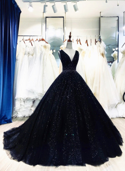 Gorgeous Black And Red V-Neckline Tulle Beaded Prom Dress, Long Evening Dress c2542