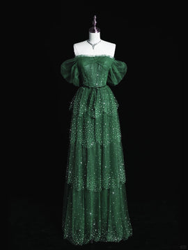 A-line Green Layers Beaded Off Shoulder Prom Dress, Green Tulle Shiny Party Dress