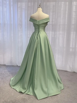 A-line Green Off Shoulder Satin Party Dress, Green Satin Long Prom Dress Evening Dress