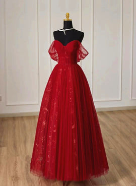 Wine Red Tulle Sweetheart Off Shoulder Prom Dress, Wine Red Long Party Dress