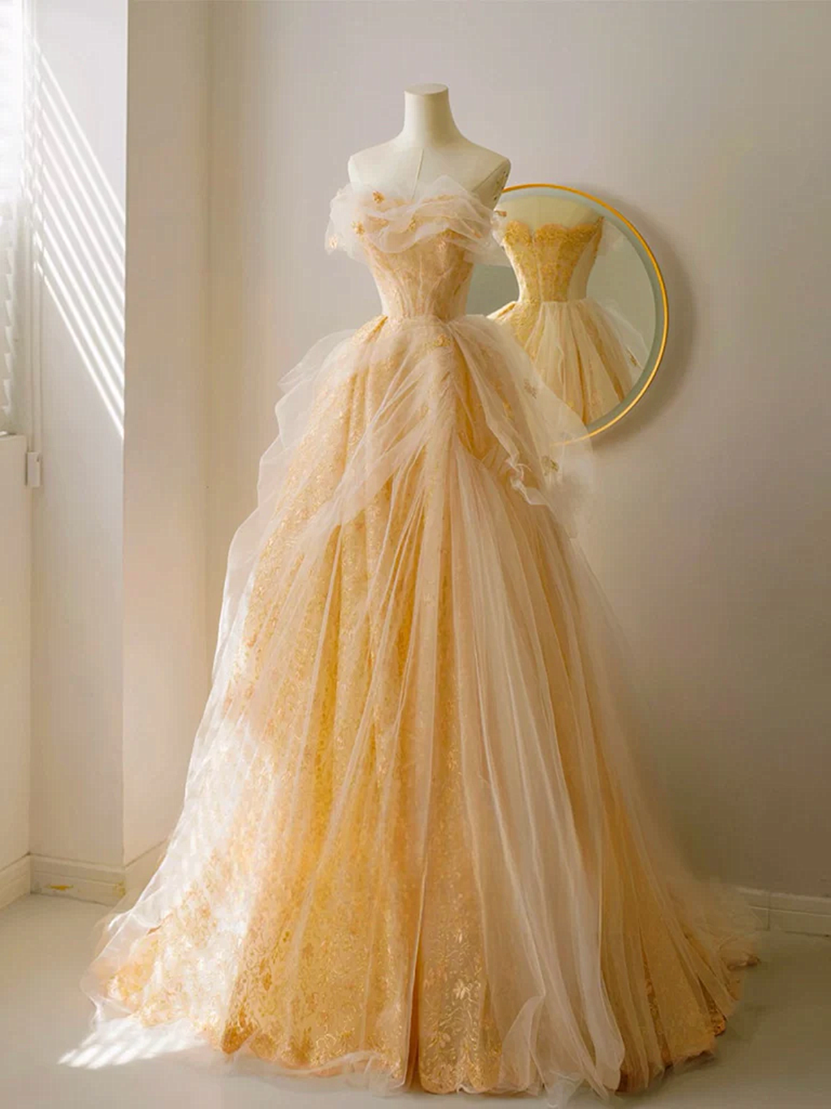 A-line Tulle Champagne Sweetheart Long Evening Dress, Champagne Ball Gown Prom Dress