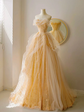 A-line Tulle Champagne Sweetheart Long Evening Dress, Champagne Ball Gown Prom Dress